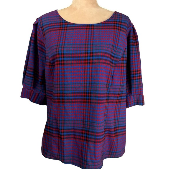 ELOQUII Womens Multi Plaid Puff‎ Sleeve Top Sz 18 Office Career Plus Size - Picture 1 of 9